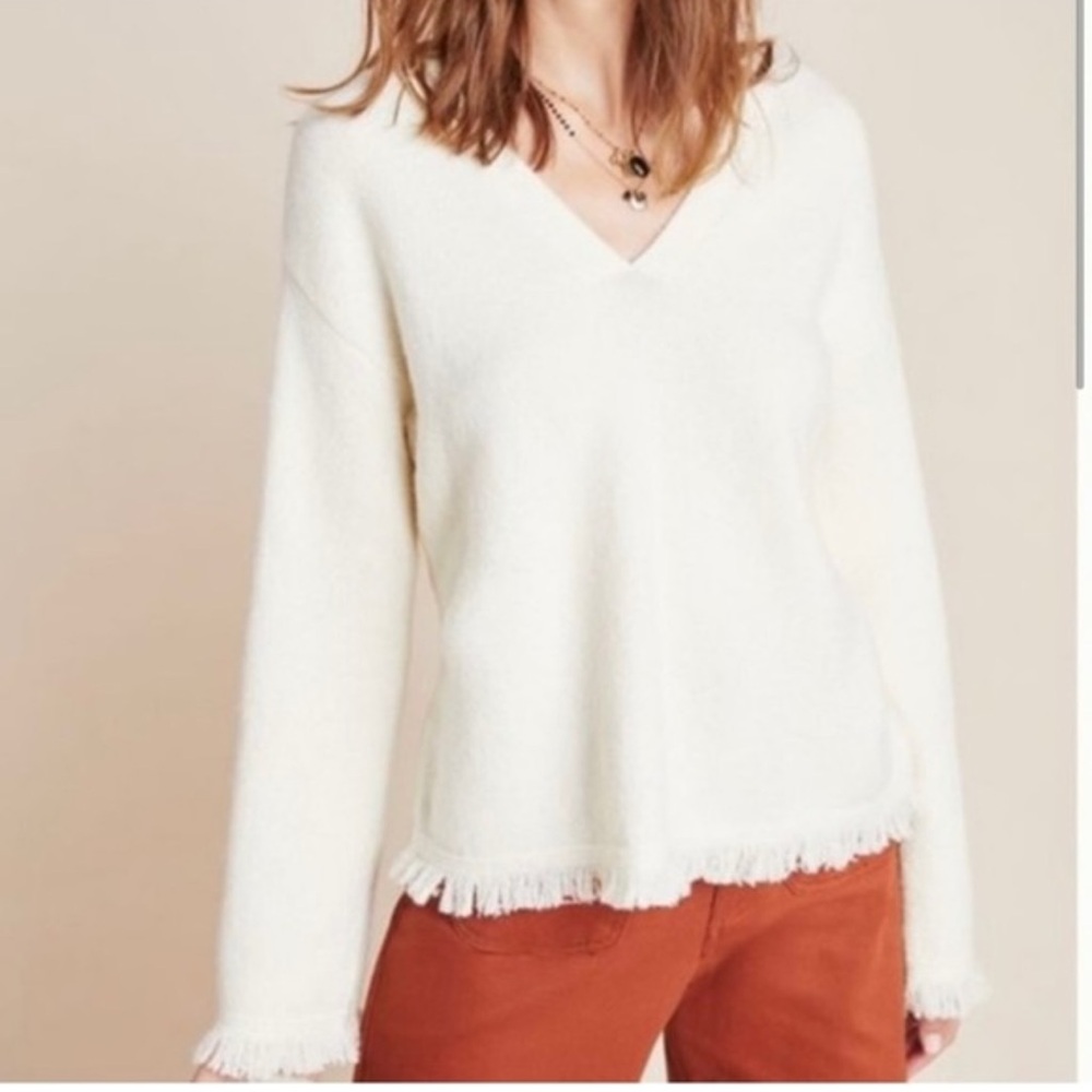 Anthropologie Joy Fringed V-Neck Sweater